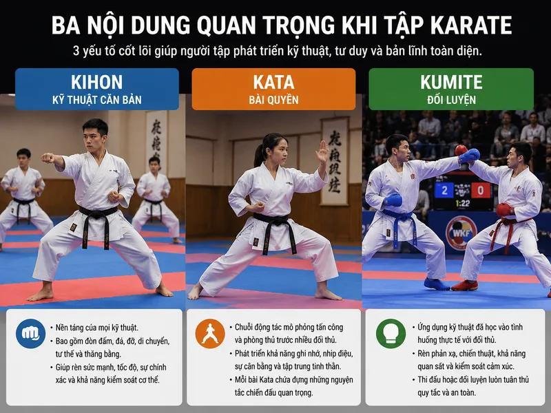 Người học Karate cần nắm ba nền tảng chính gồm Kihon, Kata và Kumite để phát triển kỹ thuật toàn diện.